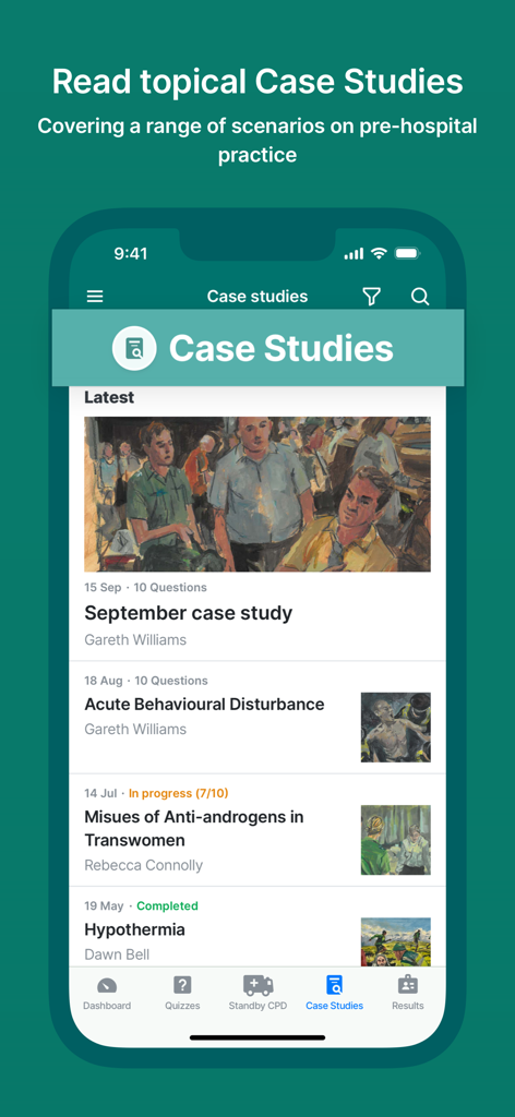 ParaPass app interface displaying a list of topical medical case studies for paramedic training