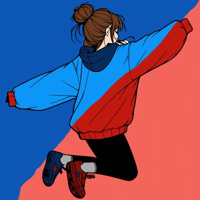 realistic girl jumping with a bun and oversized sweatshirt