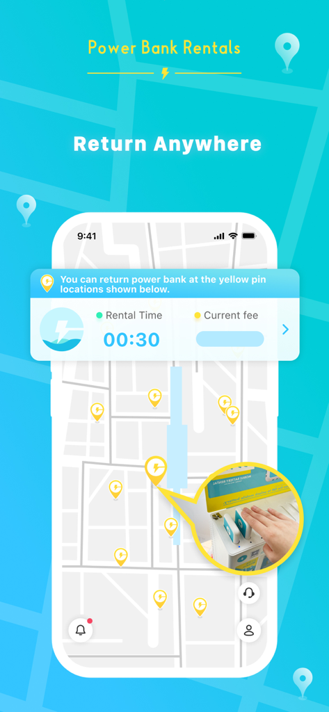 ChargeSpot app interface showing a map with yellow pins indicating nearby power bank return locations.