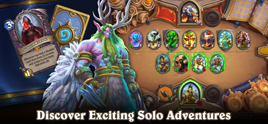 Hearthstone - Pantalla de juego de Hearthstone mostrando personajes y cartas de Warcraft con el texto Descubre emocionantes aventuras en solitario.