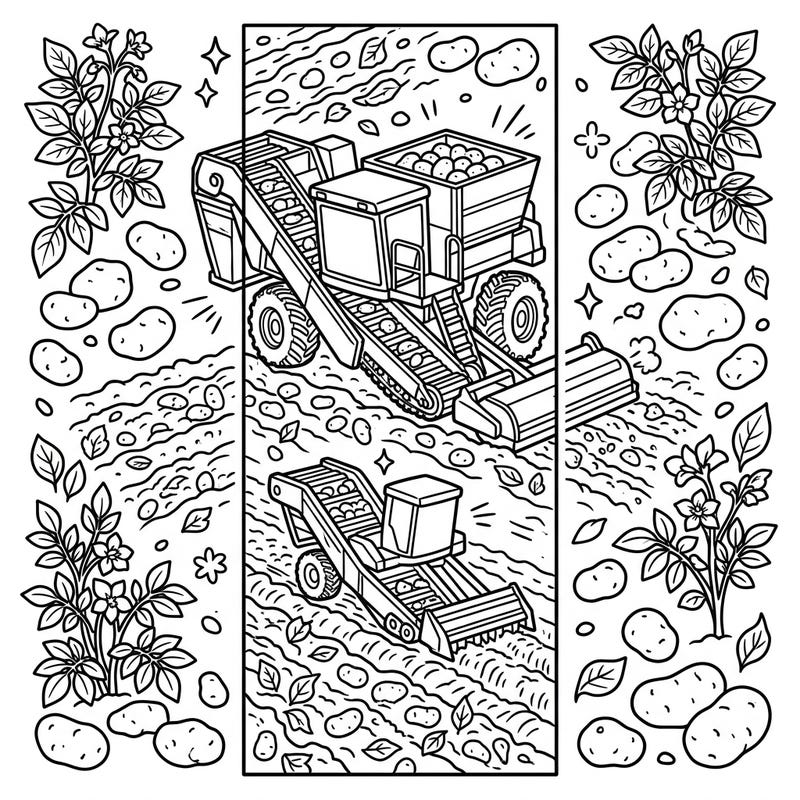 Explore the fascinating world of agriculture with this detailed potato harvester coloring page, perfectly designed as a printable bookmark. Unleash your creativity by bringing these mighty farm machines and fresh potatoes to life with your favorite colors.