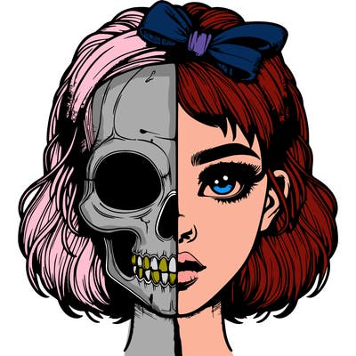 realistic girl with half skull mask