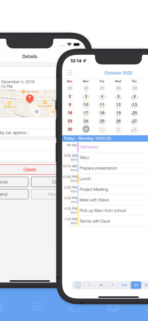miCal - The missing Calendar - Interfaccia dell'app calendario miCal che mostra una griglia mensile e un'agenda giornaliera dettagliata su iPhone