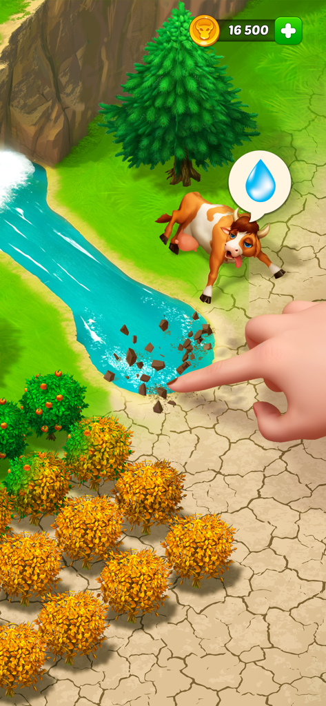 Thirsty cow on cracked ground being rescued with water in Wild West Farm Town Building