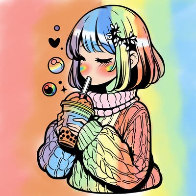 manga girl drinking boba in cozy sweater