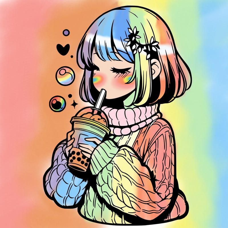 manga girl drinking boba in cozy sweater