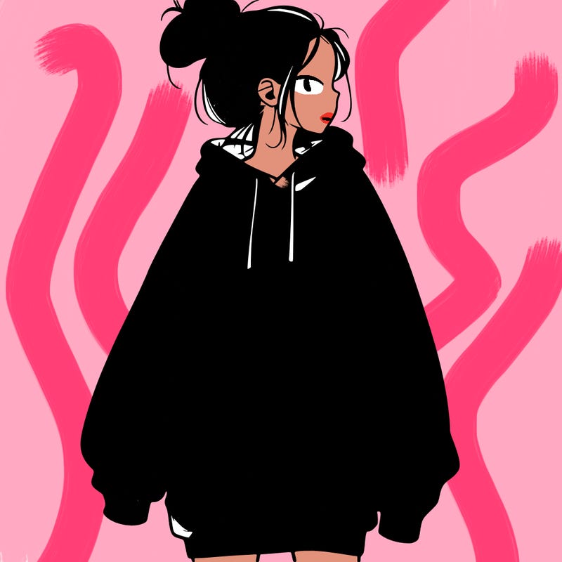 realistic girl with a oversized sweatshirt on and a bun