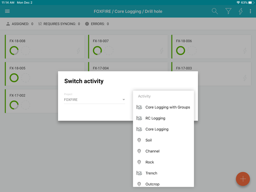 MX Deposit app interface showing logging activity options for a mining project