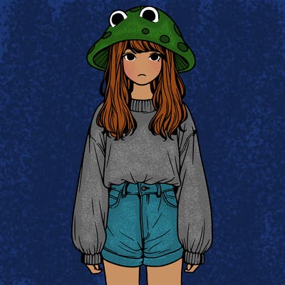 a realistic girl with a frog hat and baggy mushroom shirt