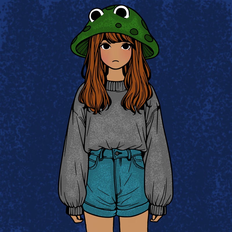 a realistic girl with a frog hat and baggy mushroom shirt