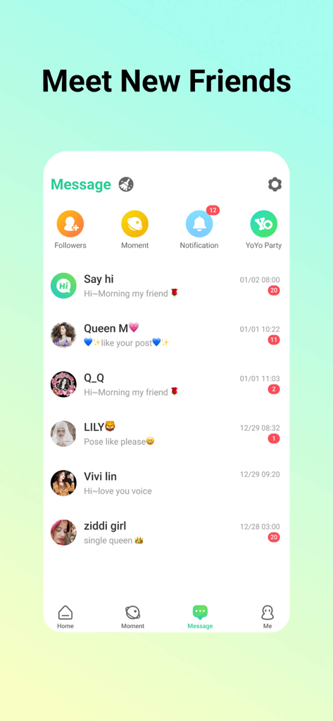 YoYo - Voice Chat Room - Interface of the YoYo app messaging tab showing a list of private chat conversations and friend notifications