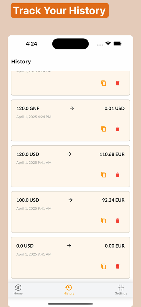 FlipRate App-Bildschirm zeigt eine Liste des aktuellen Währungsumrechnungsverlaufs für USD und EUR an