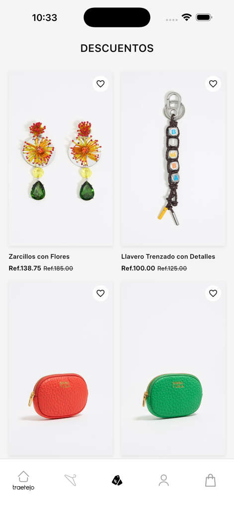 Traetelo Fashion Shopping - Screenshot della pagina sconti dell'app Traetelo con orecchini floreali e pochette colorate