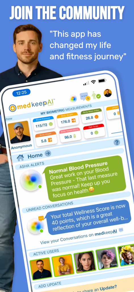 medkeepAI - The medkeepAI app dashboard showing biometric health metrics, AI alerts from Asha, and a community of active users.