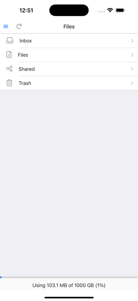 Populi - Populi mobile app files section showing inbox shared files and storage usage