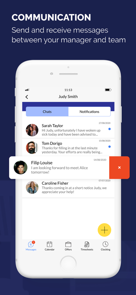 Interfaccia dell'app mobile che mostra un elenco di messaggi di chat tra un manager e i membri del suo team per il coordinamento dei turni.