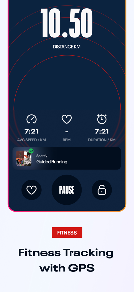 Interfaz de Reebok Fitness App que muestra una carrera de 10.5 kilómetros con estadísticas de velocidad y duración promedio.