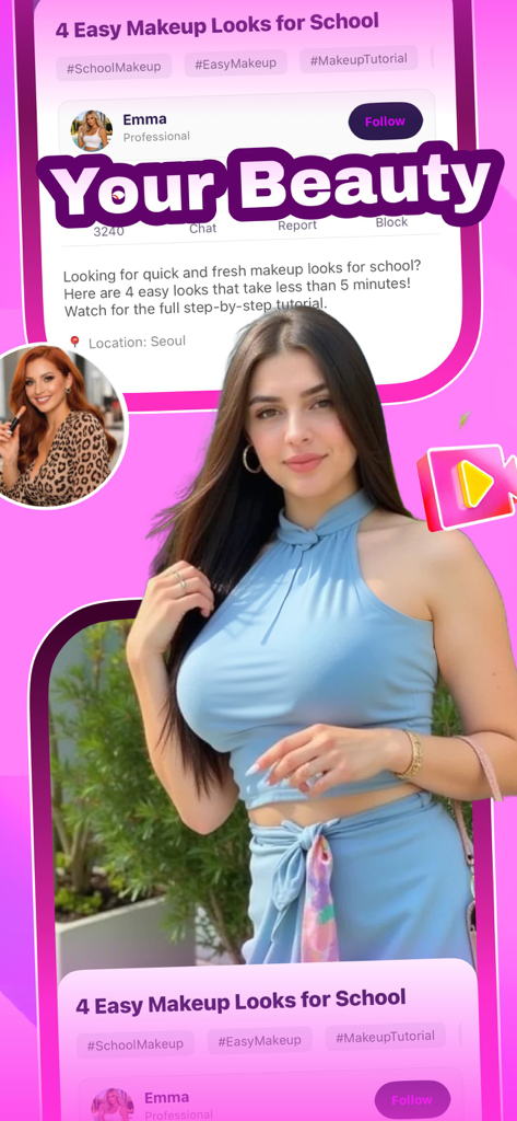 Enamr - Mobile app interface for Enamr showing a makeup tutorial video titled 4 Easy Makeup Looks for School with a beauty creator profile.