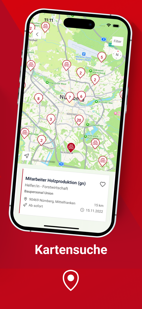 Jobsuche – Jobportal der BA - Map view in the Jobsuche app showing job listings in Nuremberg Germany
