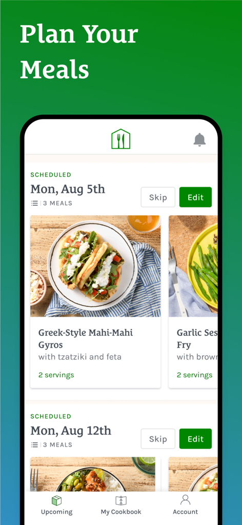 Home Chef app interface showing a weekly meal delivery schedule with Greek-Style Mahi-Mahi Gyros