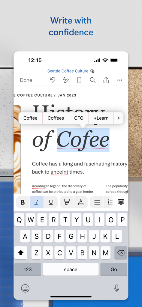 Microsoft Word mobile app interface showing spelling correction suggestions on an iPhone screen.