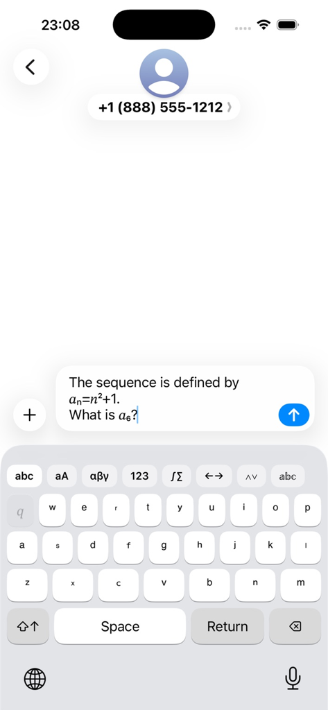 iPhone screen showing the Math Keyboard app used to type a mathematical formula in a text message