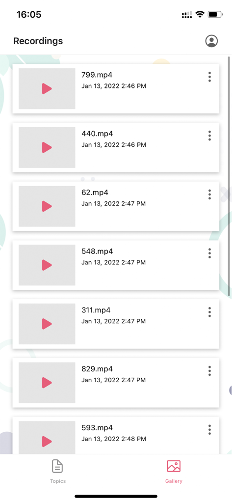 APMOPS & HCIC - Gallery view in the APMOPS app displaying a list of saved exam video recordings