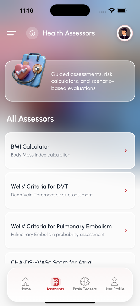 AkomaCare - AkomaCare mobile app interface showing a list of medical health assessors and risk calculators including BMI and Wells criteria.