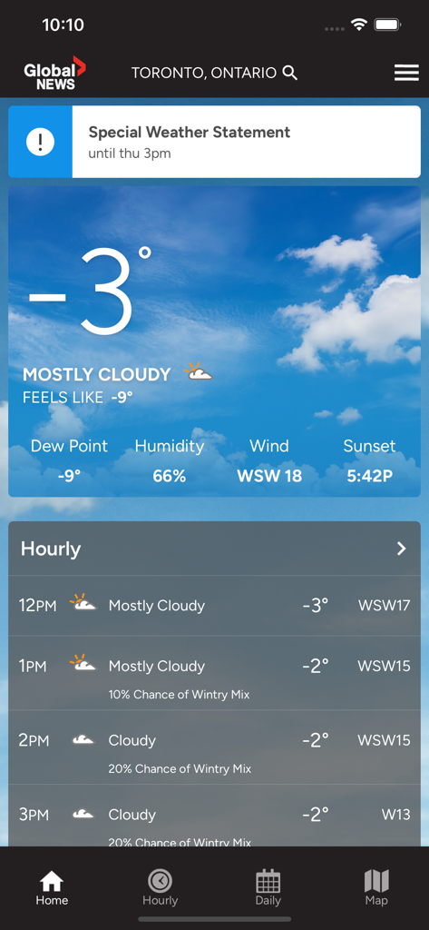 Global News SkyTracker - Global News SkyTracker app interface showing the current weather and hourly forecast for Toronto