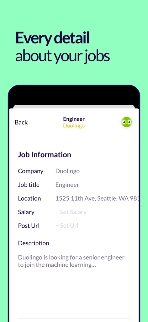 Schermata di dettagli del lavoro nell'app Huntr che mostra l'azienda, il titolo del lavoro e la posizione