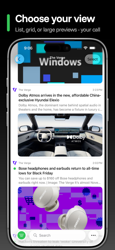 Newsbin RSS-Reader-App auf dem iPhone, die Nachrichtenartikel in einem großen Vorschau-Layout anzeigt.