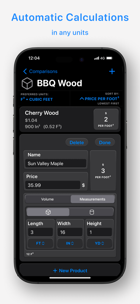 Interface of Comparator app calculating unit price for BBQ wood based on product dimensions
