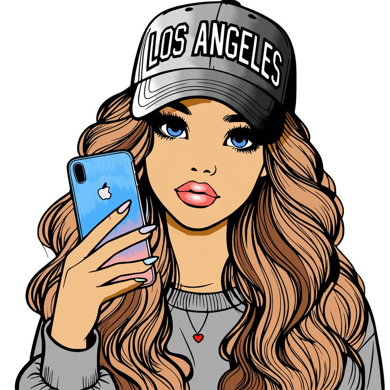 realistic beautiful girl wearing los ángeles cap holding an iphone