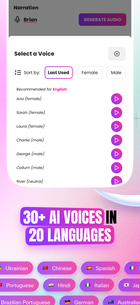 AIVidly - AI Video Maker - Bildschirm zur Auswahl von KI-Stimmen, der verschiedene Erzähleroptionen und Sprachschaltflächen zur Videoerstellung anzeigt.