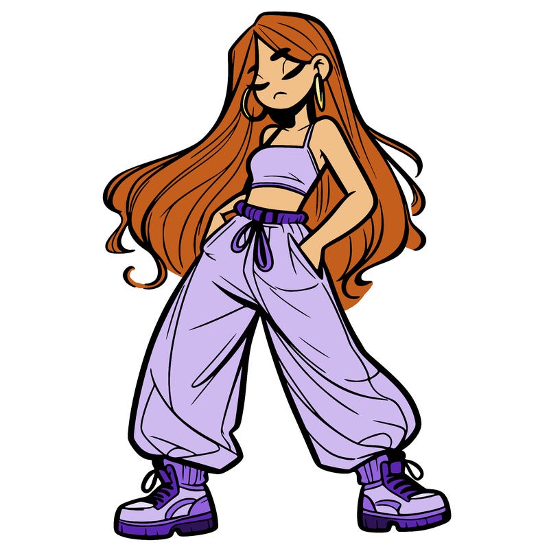 girl in baggy pants crop top and long hair