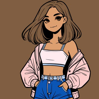 a realistic girl with a crop top and short shorts in an open jacket