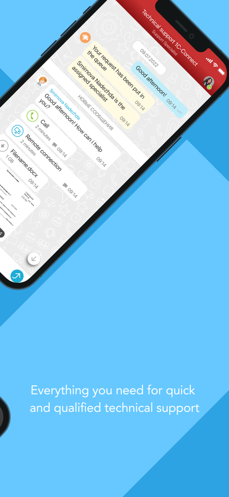 Interfaz de la aplicación móvil 1C-Connect que muestra un chat de soporte técnico con asignación de especialista y uso compartido de archivos