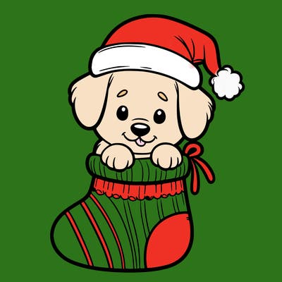 cute puppy wearing santa hat in socking