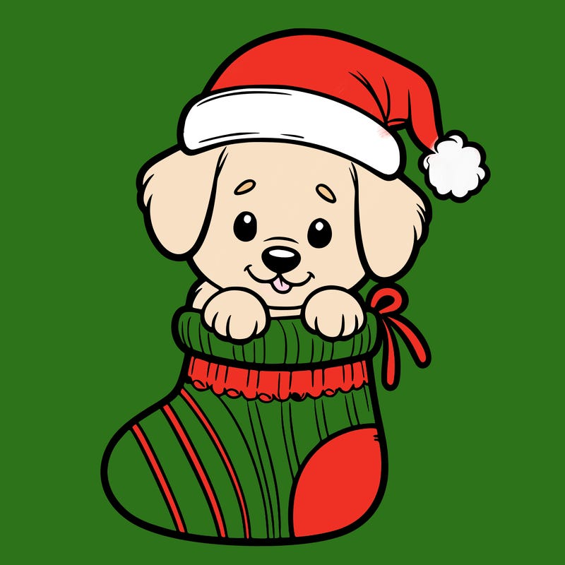 cute puppy wearing santa hat in socking