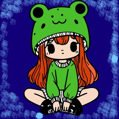 a girl wearing a frog hat and some frog socks