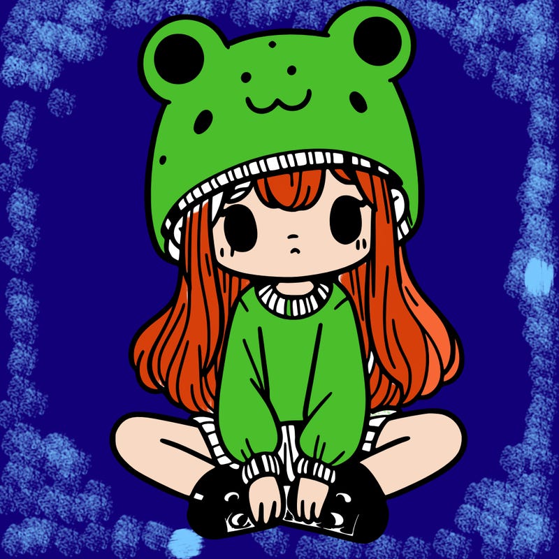 a girl wearing a frog hat and some frog socks