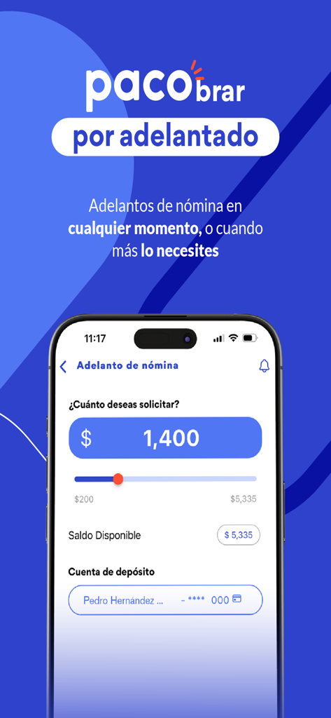 Interface of Paco app showing a payroll advance request screen with a slider to choose the amount