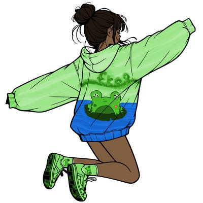 realistic girl jumping with a bun and oversized sweatshirt