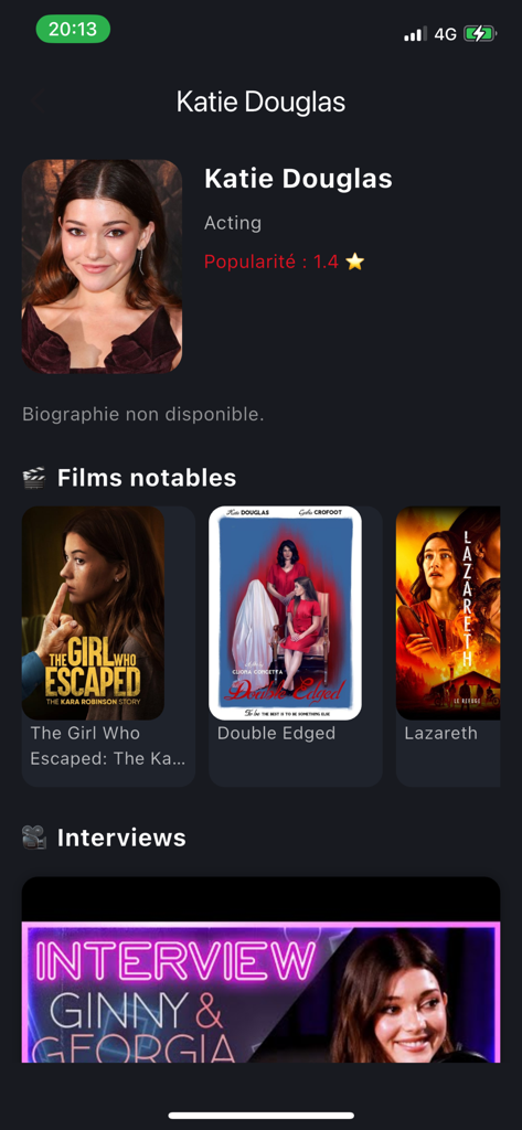 TV Shows & Movies - La pantalla de perfil del actor Katie Douglas en la aplicación CineMate mostrando sus películas notables y entrevistas.