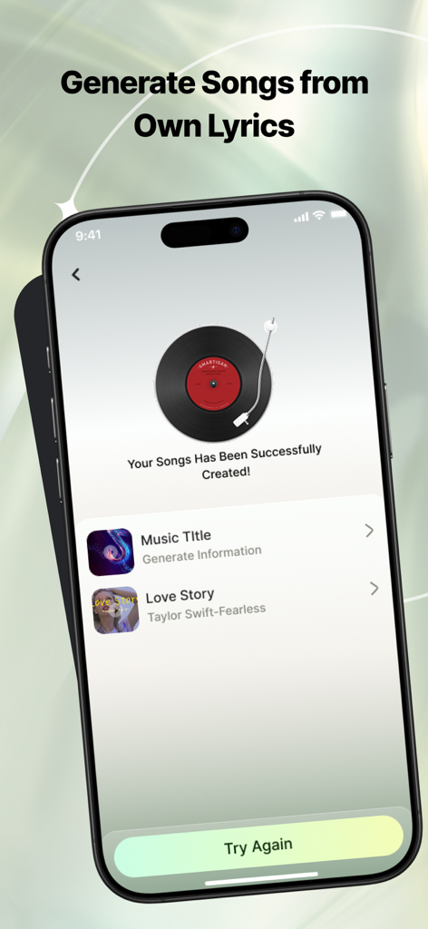 App interface for Tone AI showing a successful song creation message with a vinyl record icon
