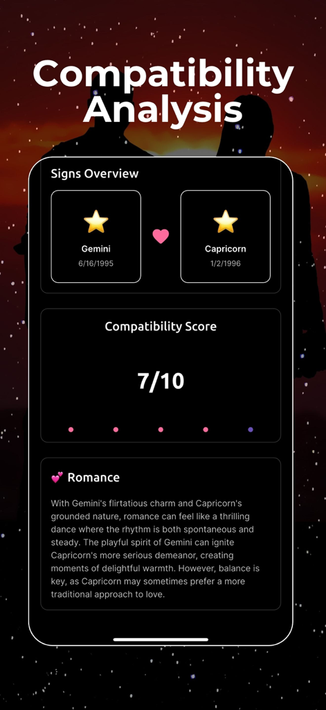 Soul - Call the Universe - Una captura de pantalla de la aplicación Soul que muestra un análisis de compatibilidad entre Géminis y Capricornio con una puntuación de 7 sobre 10.