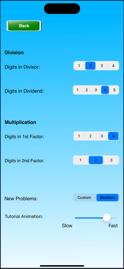 Long Division & Multiplication - Settings screen to customize division and multiplication problem digits and tutorial speed