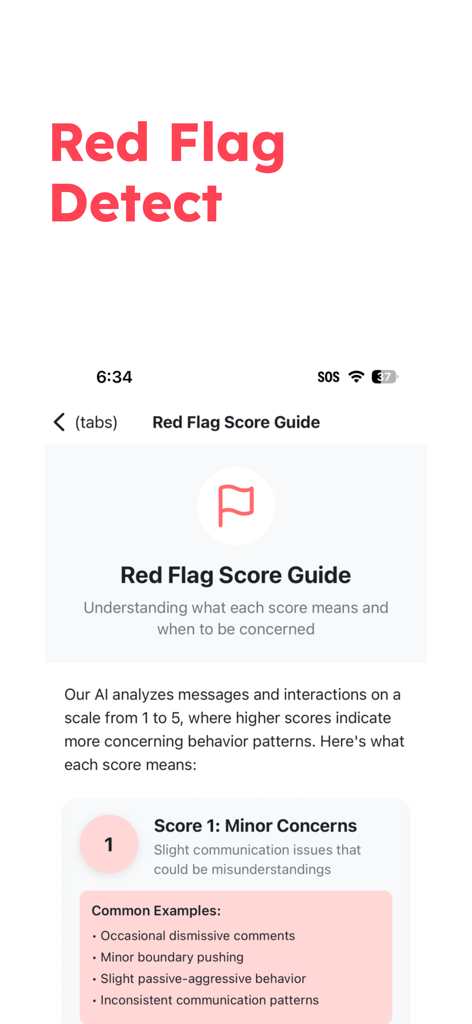RedFlagAI - RedFlagAIアプリのインターフェース。危険信号スコアガイドと、スコア1の軽微な懸念事項の例が表示されています。