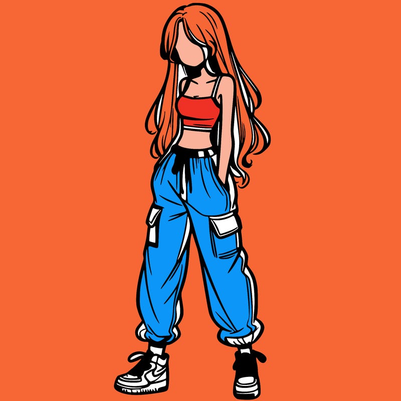 girl in baggy pants crop top and long hair