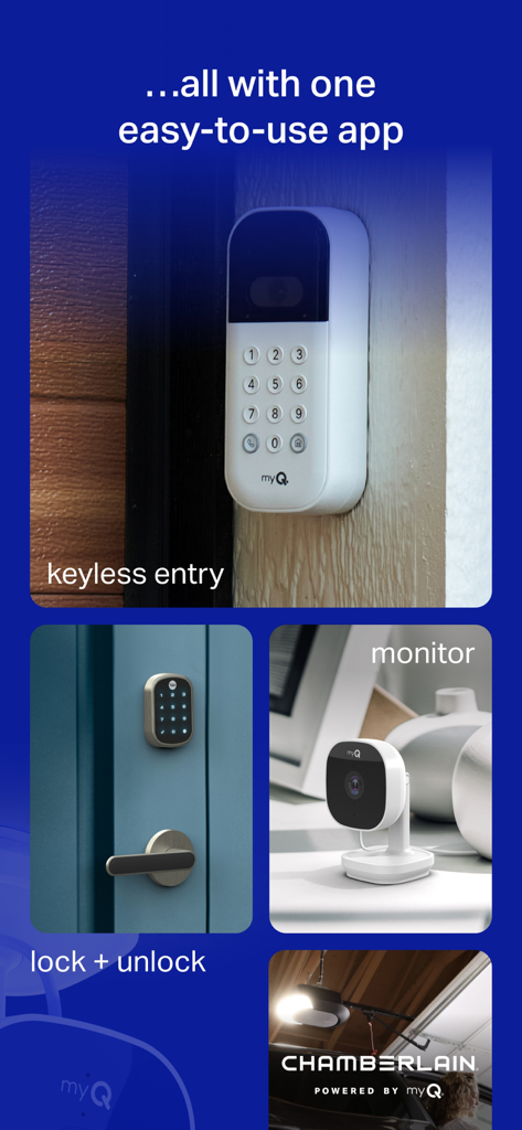 myQ Garage & Access Control - Sammlung von Smart-Home-Geräten, die von der myQ-App gesteuert werden, einschließlich eines Zahlenschlosses und einer Kamera